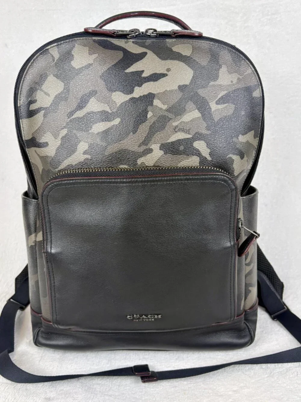 Coach Graham Backpack in Green Multi Camo Print Coated Canvas with Leather Trim